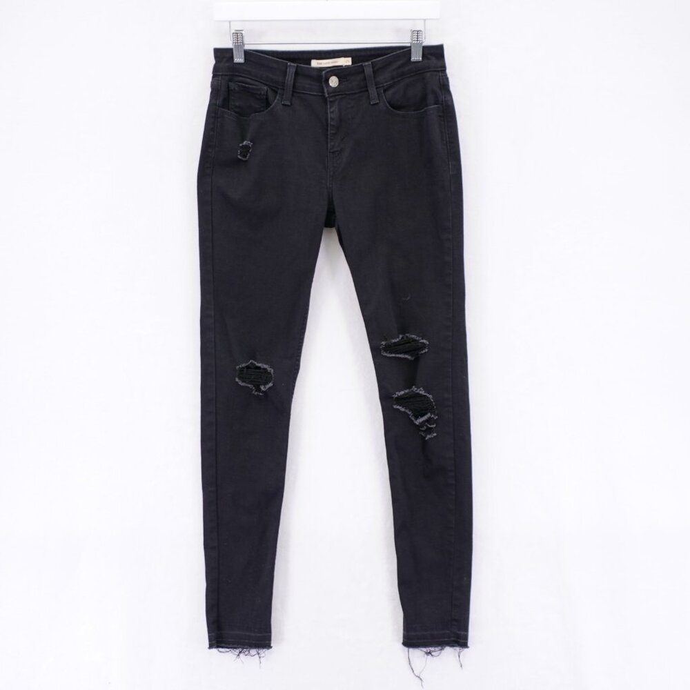 Levi's Super Skinny Black Factory Distressed Raw Denim Jeans -29-‎ 29 / 29.5 Mid